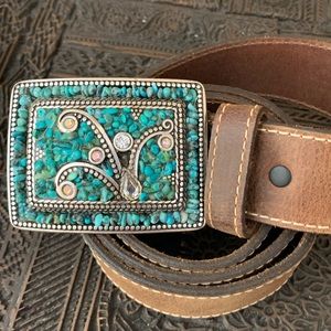 NWT 20X Brown Genuine Leather Belt with rhinestones & turquoise beading Buckle